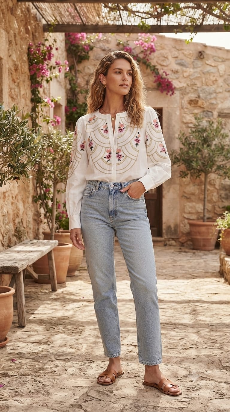 Floral Gardenia Embroidered Front Design Beautiful Imported Top- 15154