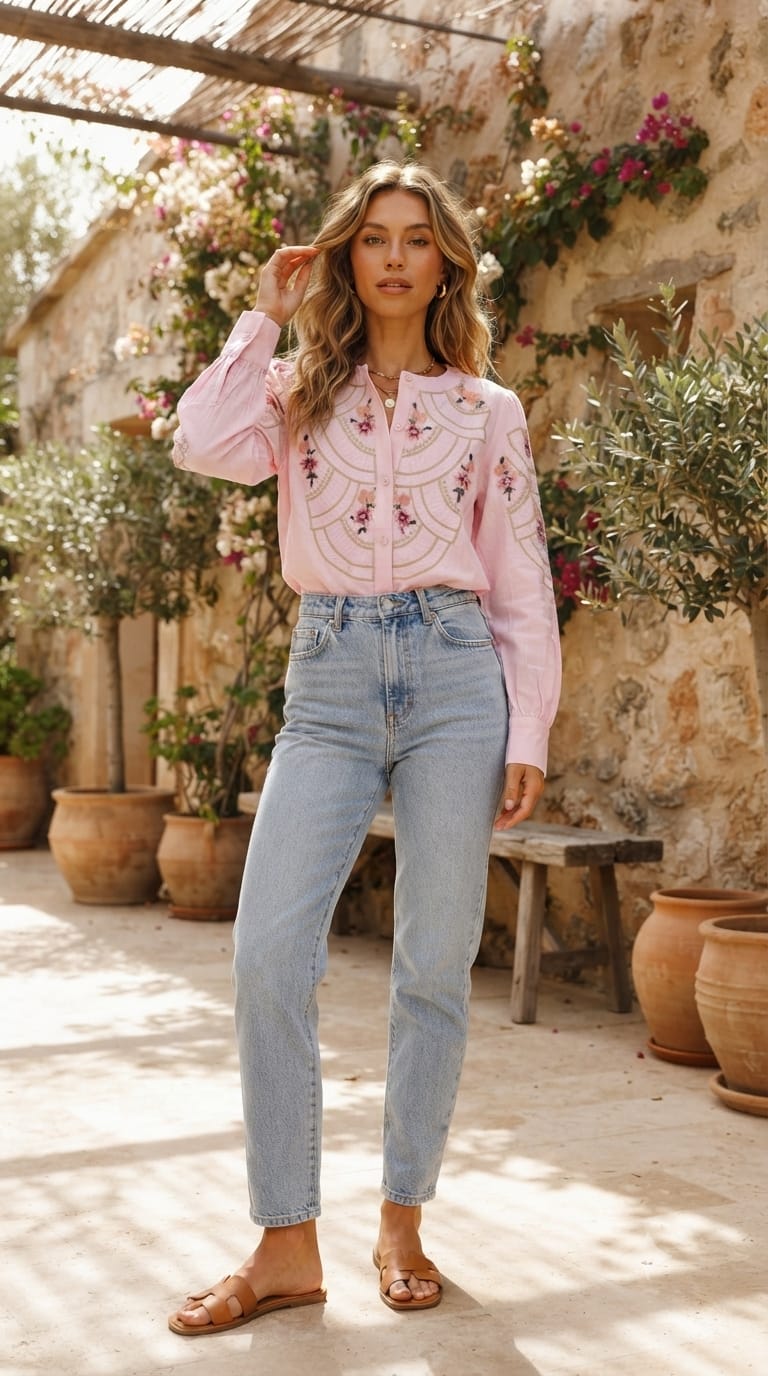Floral Gardenia Embroidered Front Design Beautiful Imported Top- 15154