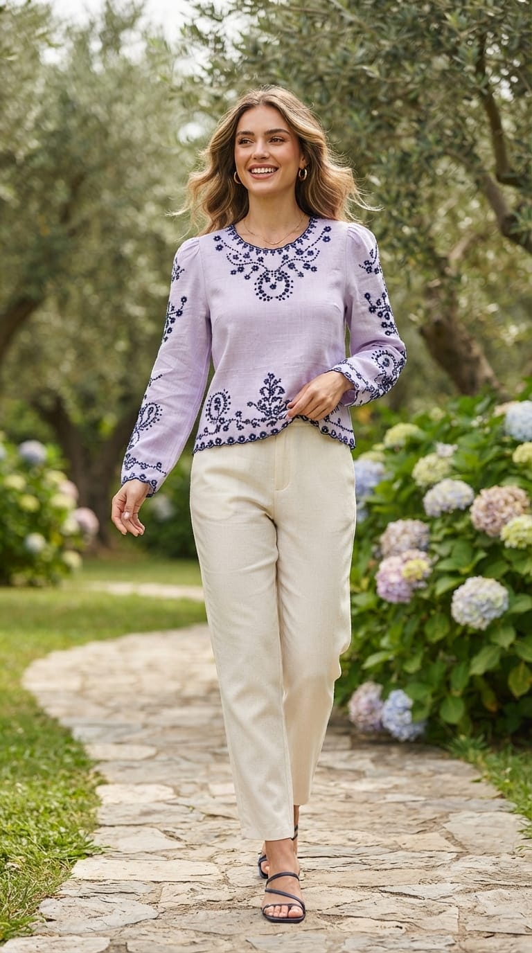 Tiny Bud Embroidery Chinese Style Casual Western Top- 15145