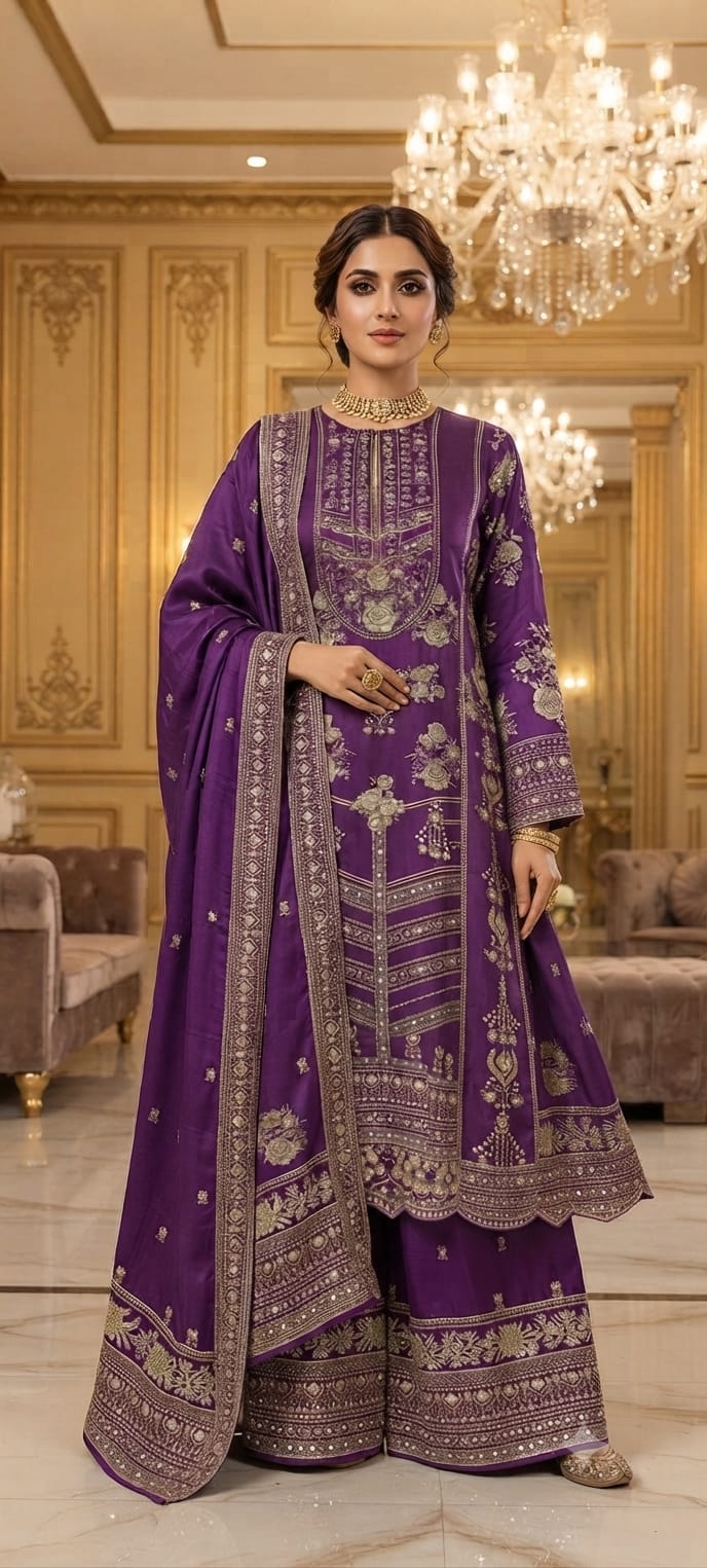 Intricate Floral Motifs and Ornate Border Contemporary Flair Long Length Full Suit Set- 15414