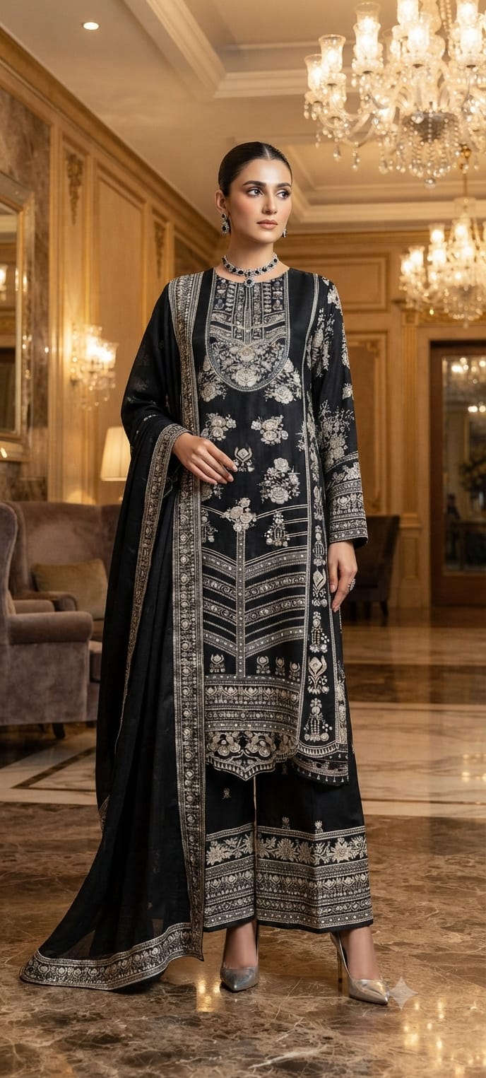Intricate Floral Motifs and Ornate Border Contemporary Flair Long Length Full Suit Set- 15414