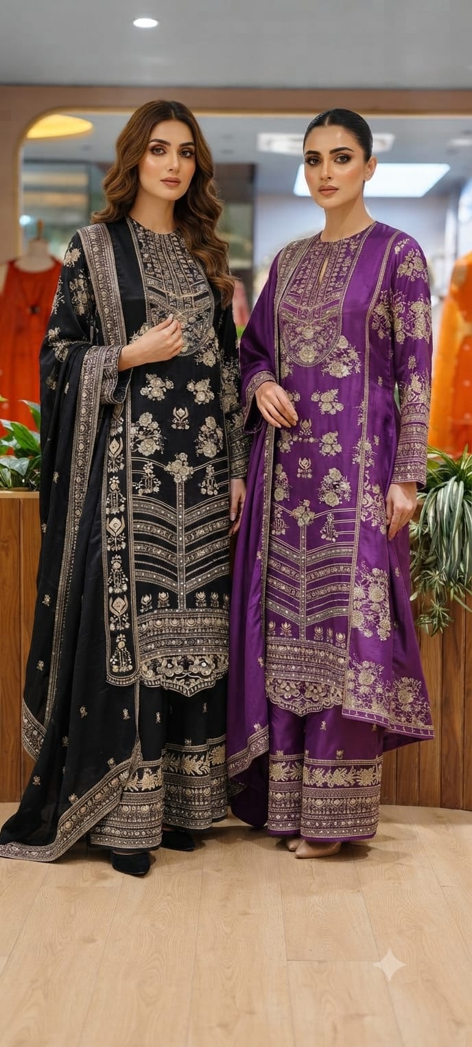 Intricate Floral Motifs and Ornate Border Contemporary Flair Long Length Full Suit Set- 15414