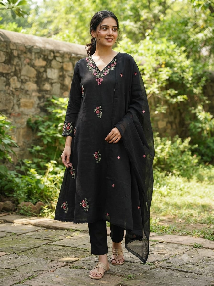 Floral Branch Cross Stitch Intricate Embroidery A-Line Cotton Full Suit Set With Dupatta - 15436