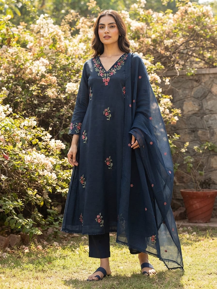 Floral Branch Cross Stitch Intricate Embroidery A-Line Cotton Full Suit Set With Dupatta - 15436