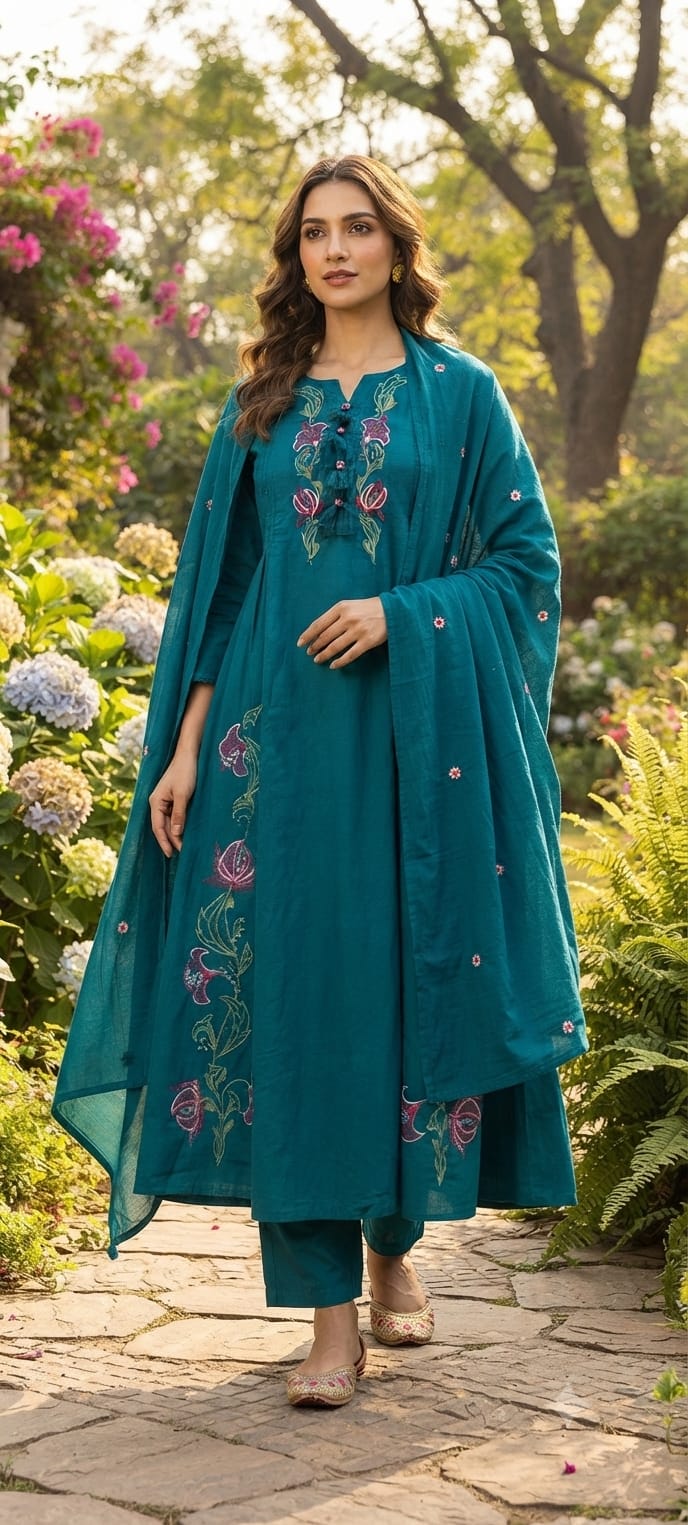 Colorful Leaf Intricate Embroidery Pleated A-Line Cotton Full Suit Set With Dupatta- 15437