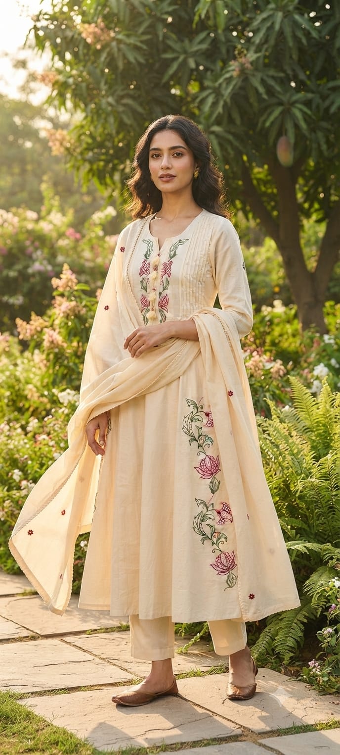 Colorful Leaf Intricate Embroidery Pleated A-Line Cotton Full Suit Set With Dupatta- 15437
