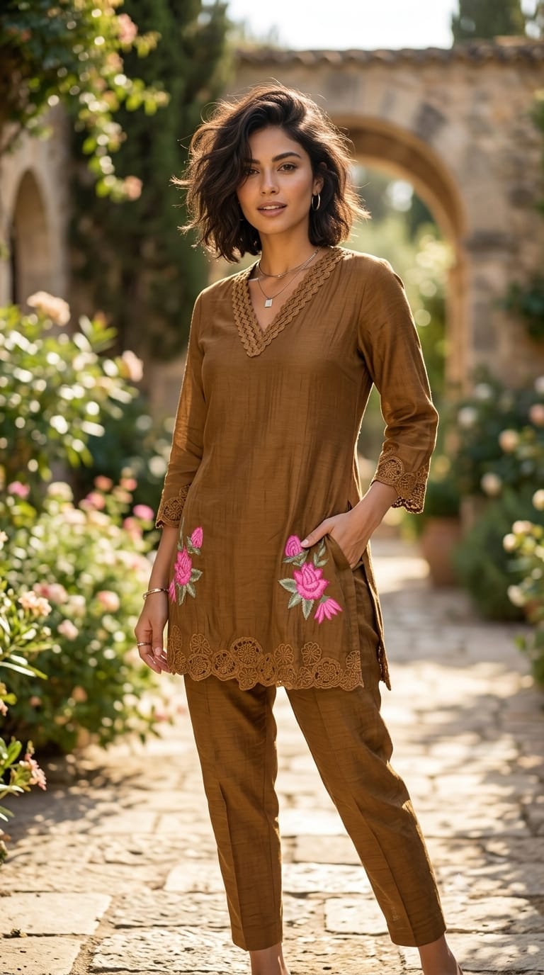 Weavy Crosia Neckline Beautiful Floral Embroidered Banarasi Mul-Chanderi Co-Ord Set- 15467