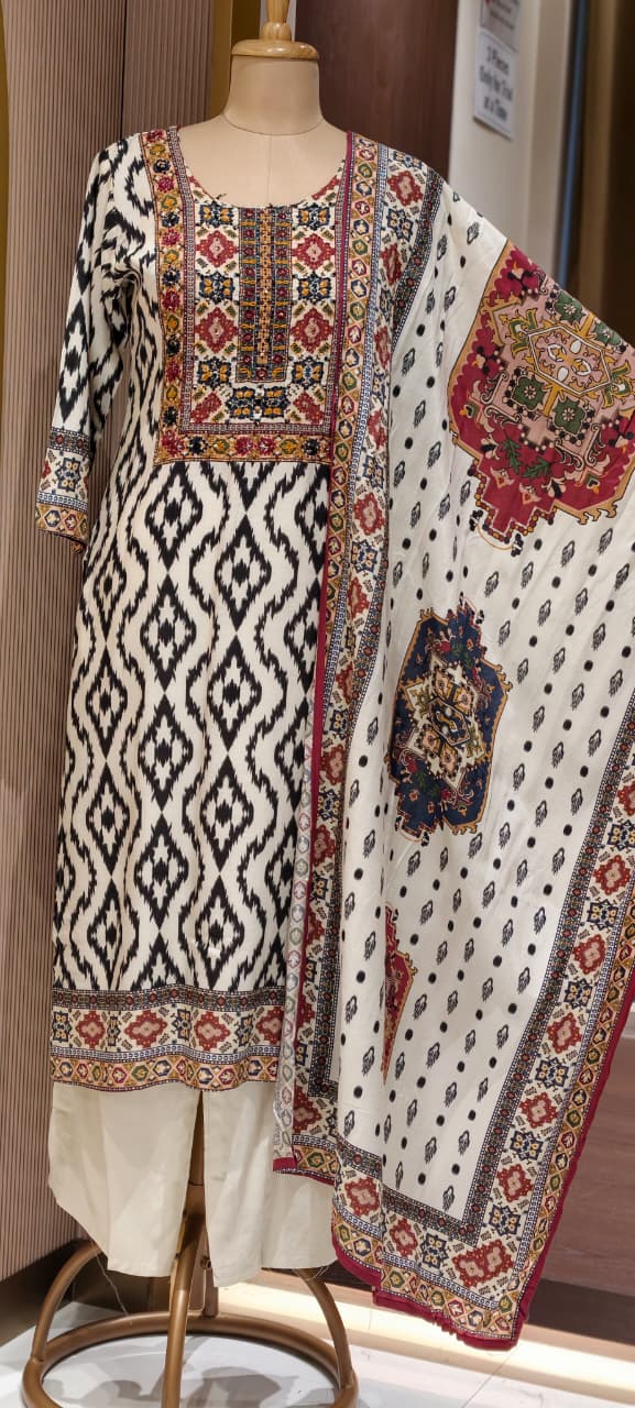 Beautiful Highlights Multi Prints Slub Linen Full Suit Set With Dupatta- 15469