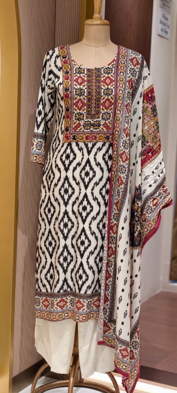 Beautiful Highlights Multi Prints Slub Linen Full Suit Set With Dupatta- 15469