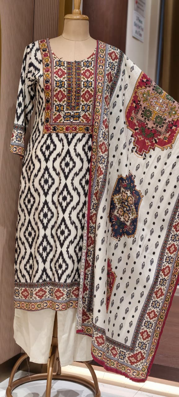Beautiful Highlights Multi Prints Slub Linen Full Suit Set With Dupatta- 15469
