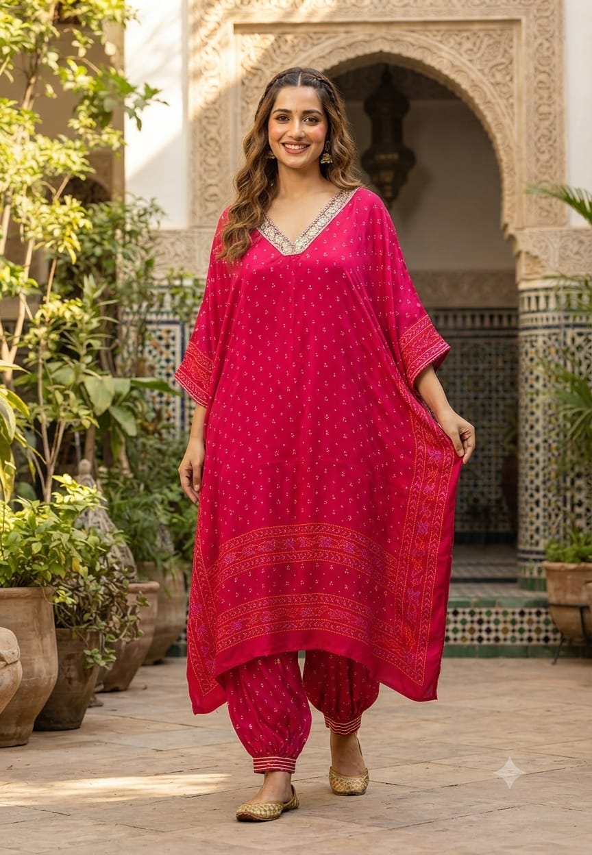 Embellished V-Neck Premium Semi Chinon Bandhani Print Kaftan Set with Balloon Pant- 15486