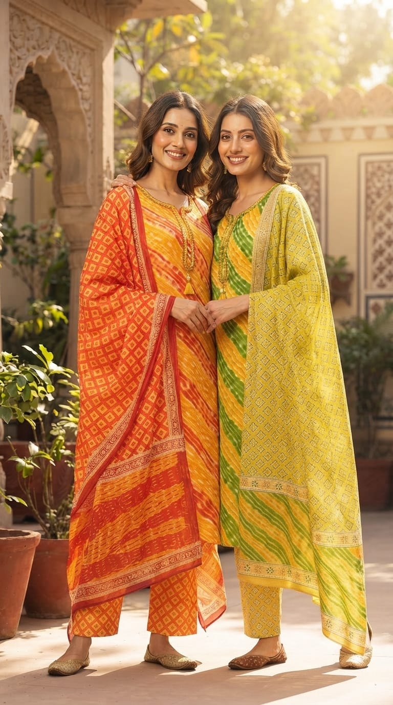 Premium Cotton Leheriya Bandhani Print Kurta Set with Matching Dupatta and Bottom-15474