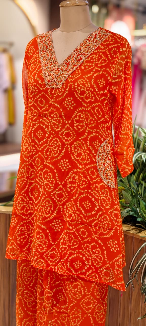 Machine Work Embroidered V-Neck Premium Bandhani Print Georgette Kurta Pant Set with Pockets-15481
