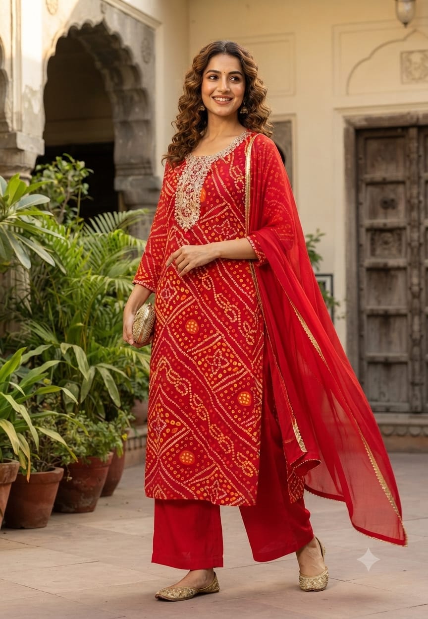 Georgette Bandhani Print Embroidered Full Suit Set with Dupatta And Bottom- 15482