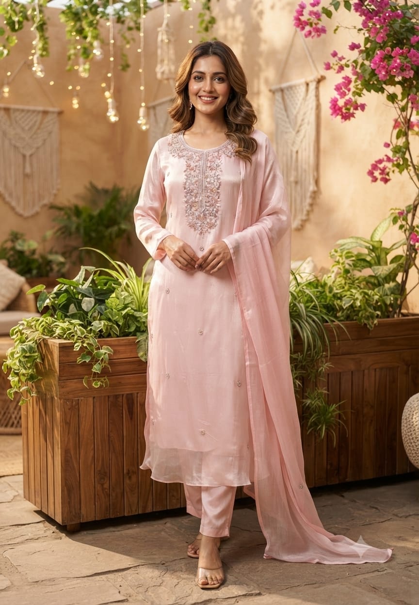 Elegant Embroidered Yoke Pastel Inspired Chinon A-Line Full Suit Set With Dupatta- 15502