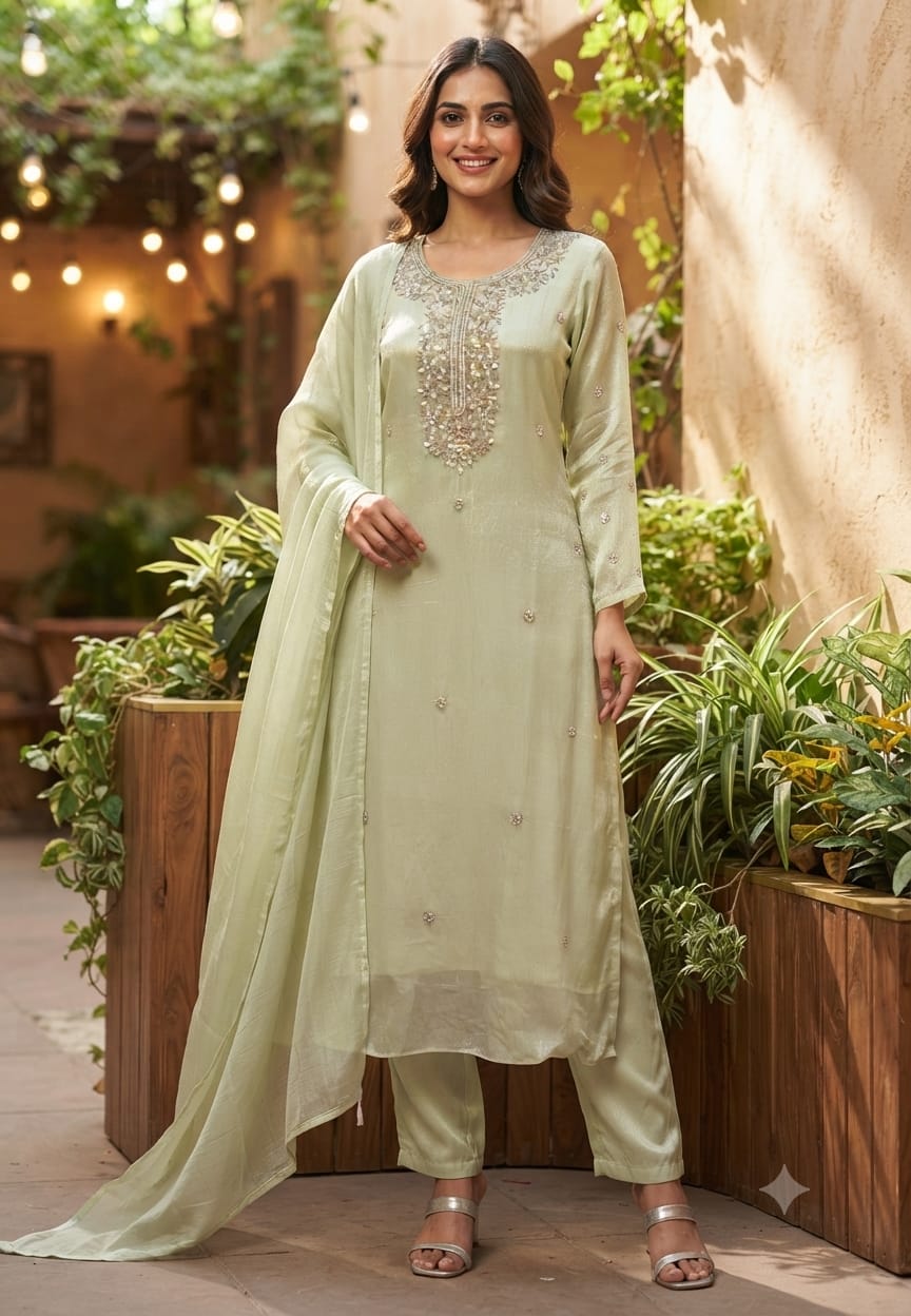 Elegant Embroidered Yoke Pastel Inspired Chinon A-Line Full Suit Set With Dupatta- 15502