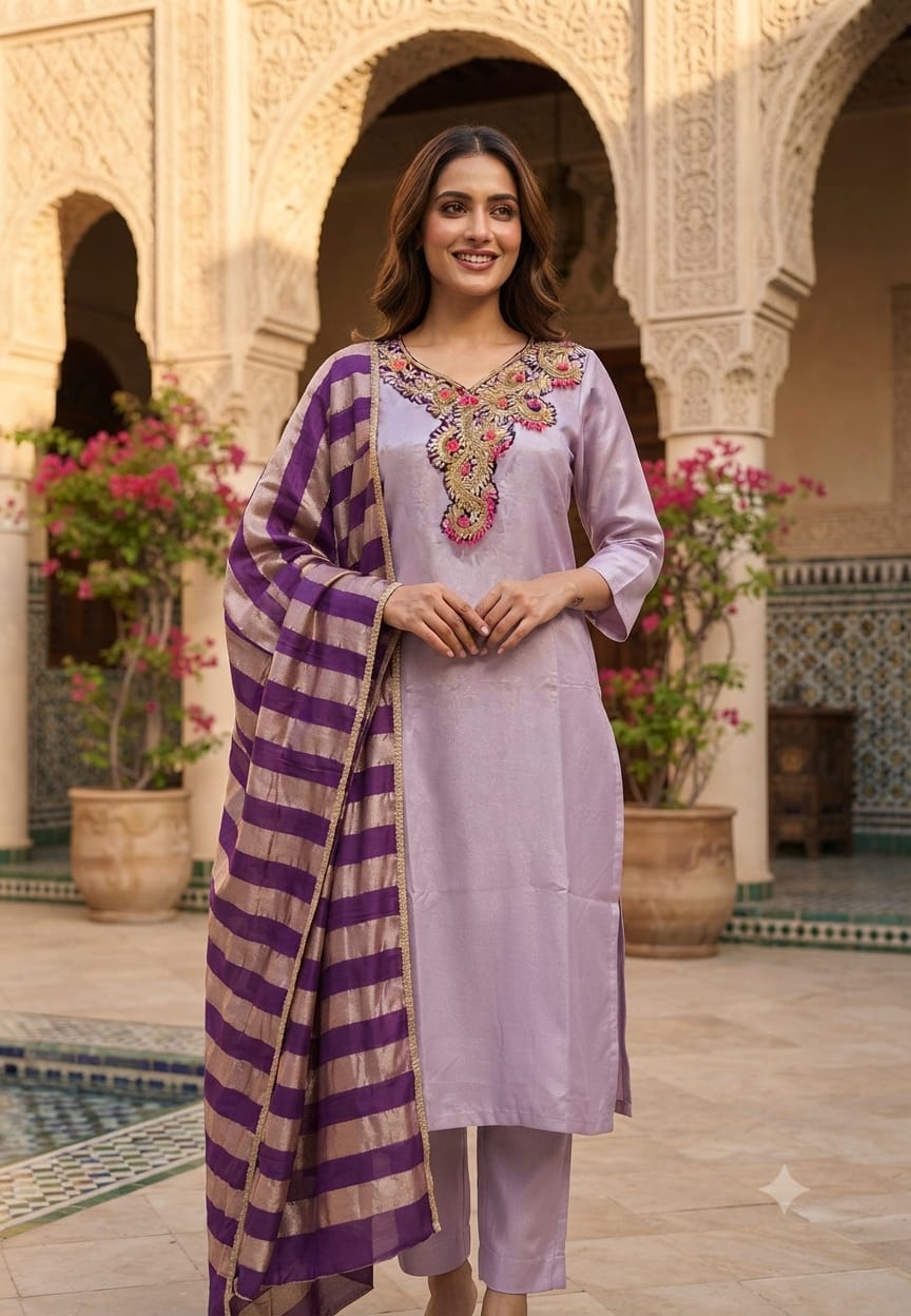 Beads Embellished Royal Zardosi Work Tissue Full Suit Set With Dupatta- 14028