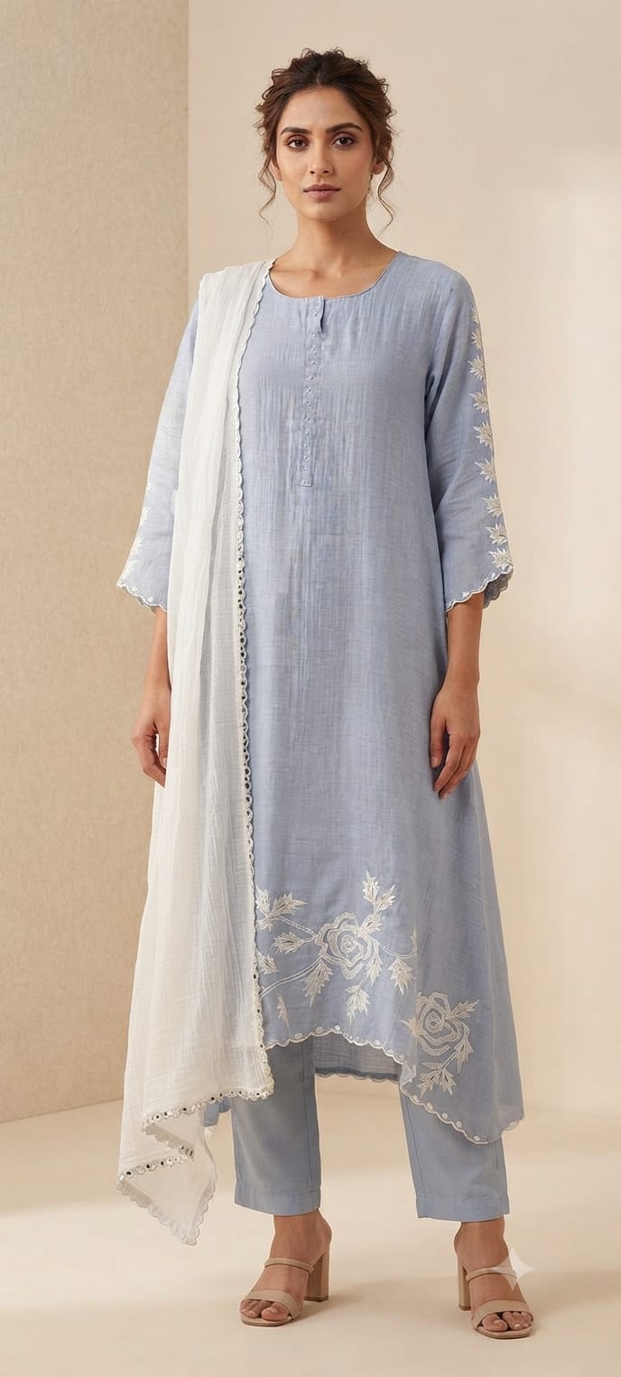 Suttle Floral Embroidered Pure Banarasi Mul-Chanderi A-Line Full Suit Set With Dual Color Dupatta- 15000