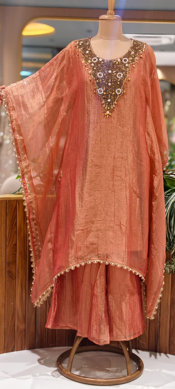 Antique Beads With Sequin Yoke Shiny Crush Tissue Pearl Embellished Bordered Kaftan With Loose Palazzo Bottom- 15529