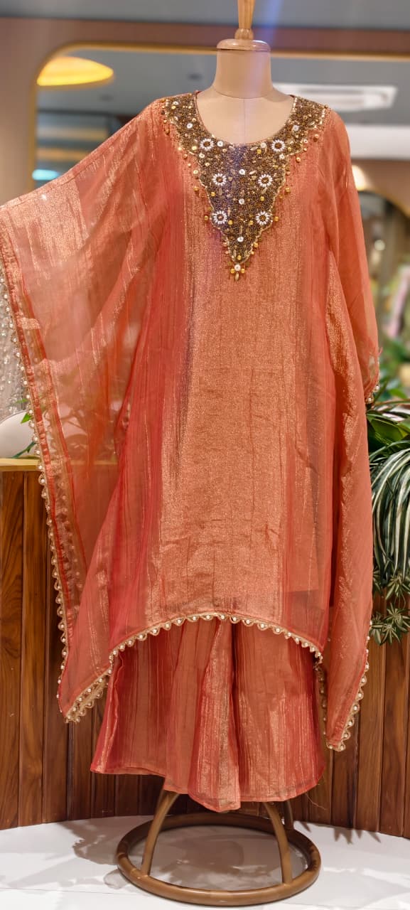 Antique Beads With Sequin Yoke Shiny Crush Tissue Pearl Embellished Bordered Kaftan With Loose Palazzo Bottom- 15529