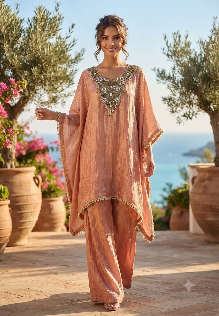 Antique Beads With Sequin Yoke Shiny Crush Tissue Pearl Embellished Bordered Kaftan With Loose Palazzo Bottom- 15529