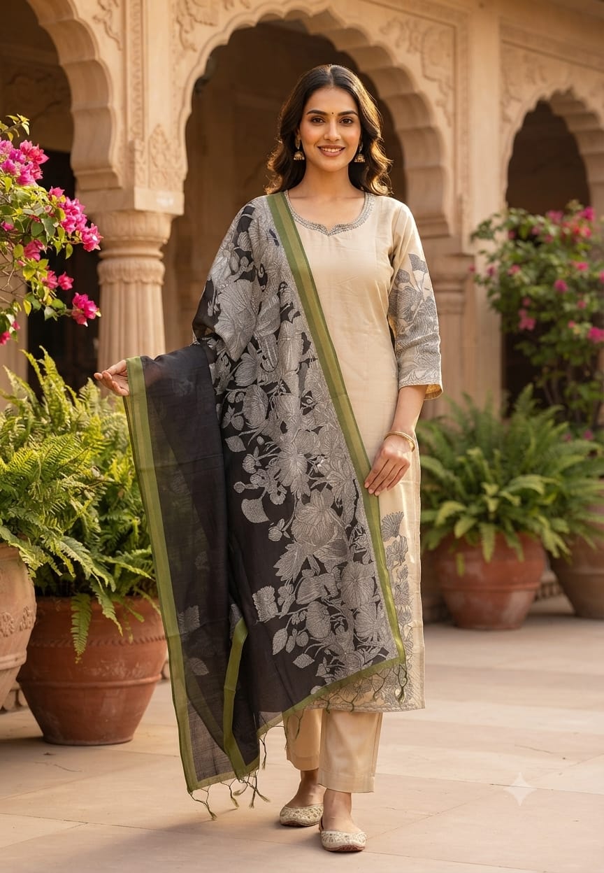 Elegant Beige Chanderi Silk Full Suit Set with Artistic Daman Print & Printed Contrast Dupatta-15549