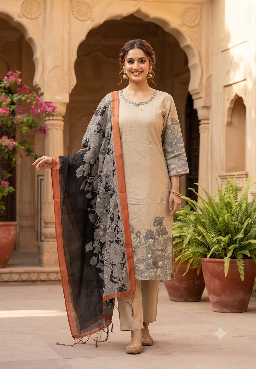 Elegant Beige Chanderi Silk Full Suit Set with Artistic Daman Print & Printed Contrast Dupatta-15549
