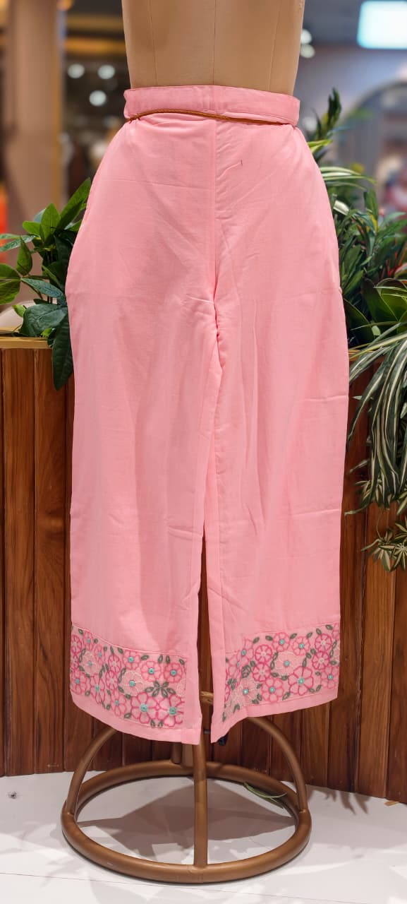 Gathered Daisy Floral Embroidered Yoke Peplum Kurta With Loose Bottom Set In Cotton Fabric- 15483