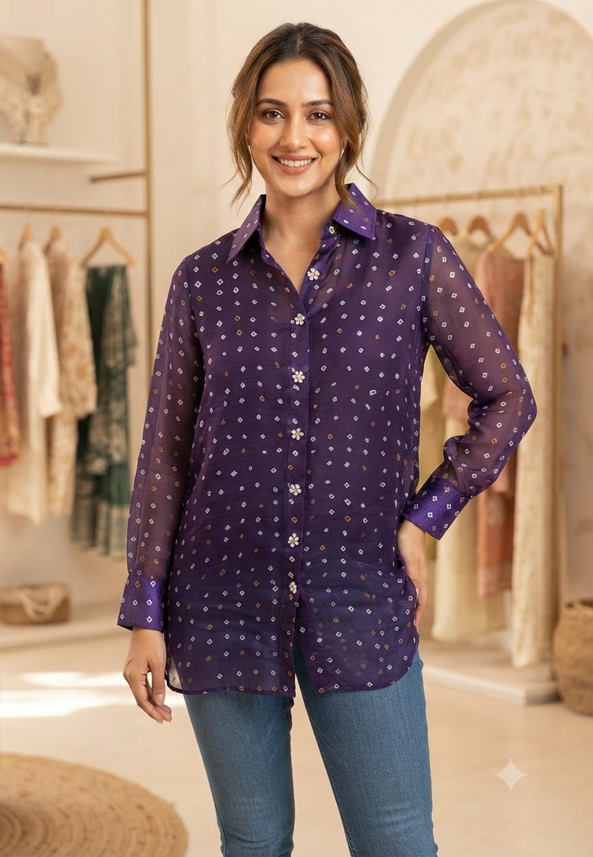Premium Gold Dot Print Collared Organza Tissue Fabric Casual Shirt