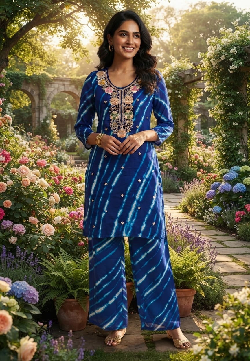 Embroidered Neck Georgette Fabric Lehriya Kurta With Bottom-15561
