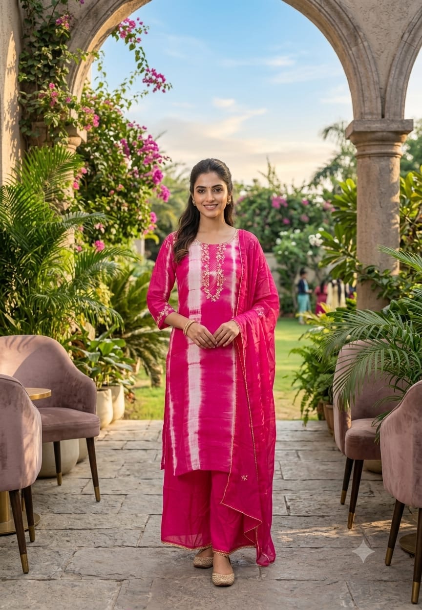 Russian Silk Embroidered Yoke Shibori Print Style Full Suit Set With Dupatta- 15602