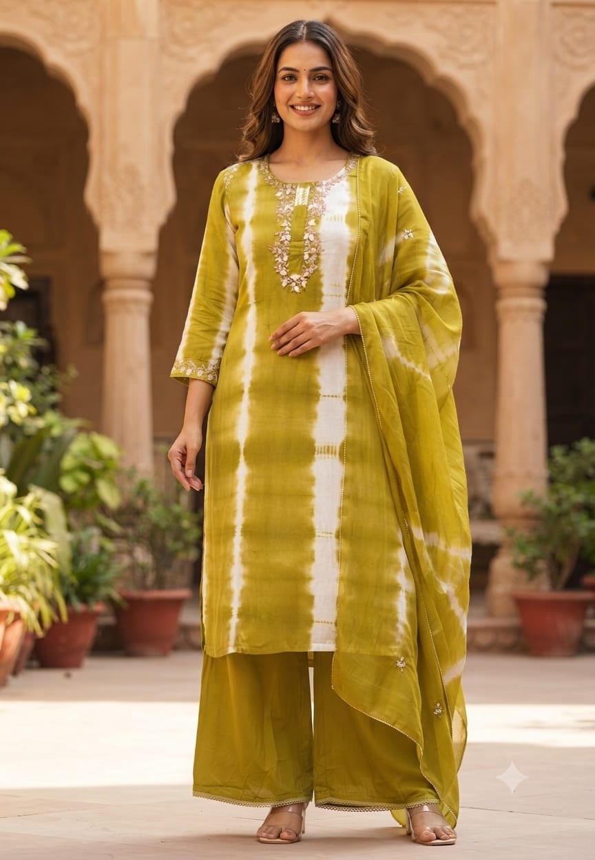 Russian Silk Embroidered Yoke Shibori Print Style Full Suit Set With Dupatta- 15602