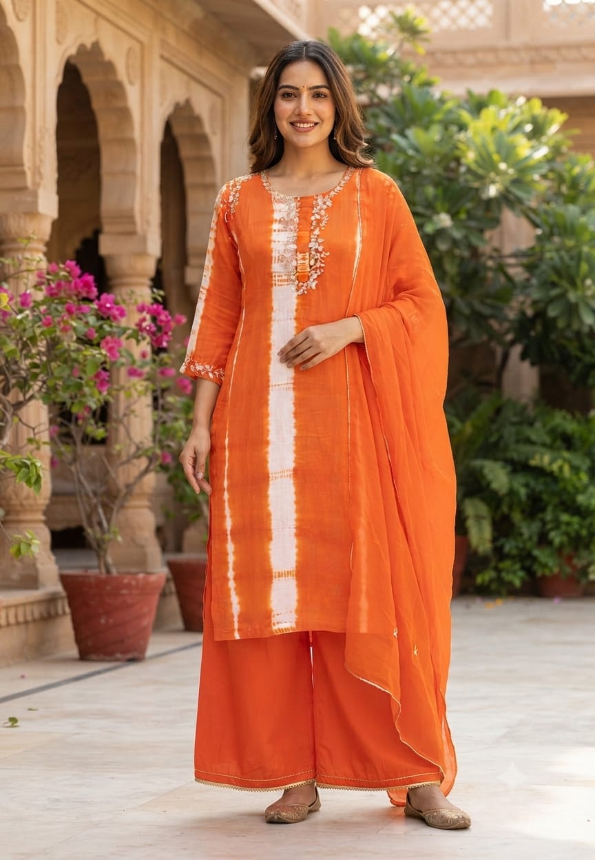 Russian Silk Embroidered Yoke Shibori Print Style Full Suit Set With Dupatta- 15602