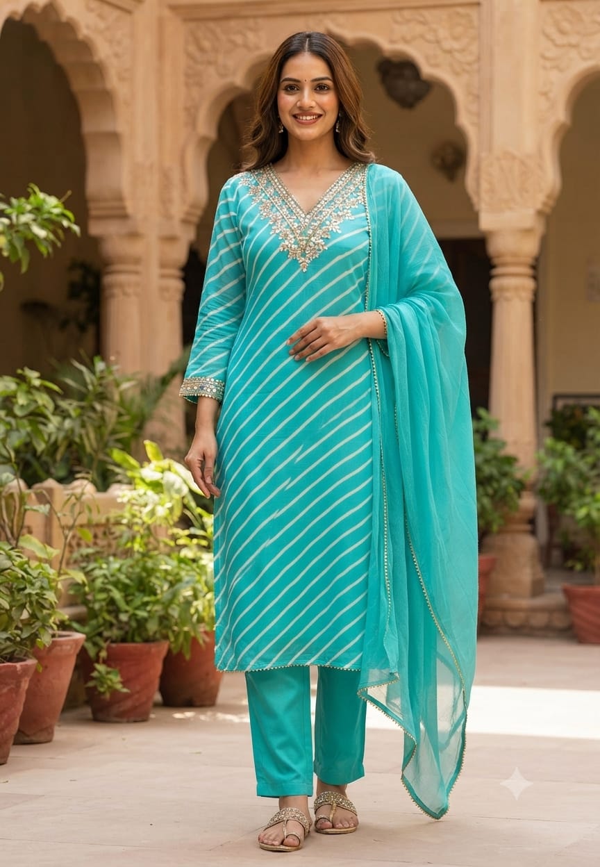 Festive Gotta Patti V-Neck Lehriya Full Suit Set With Dupatta In Chinon Fabric- 15607