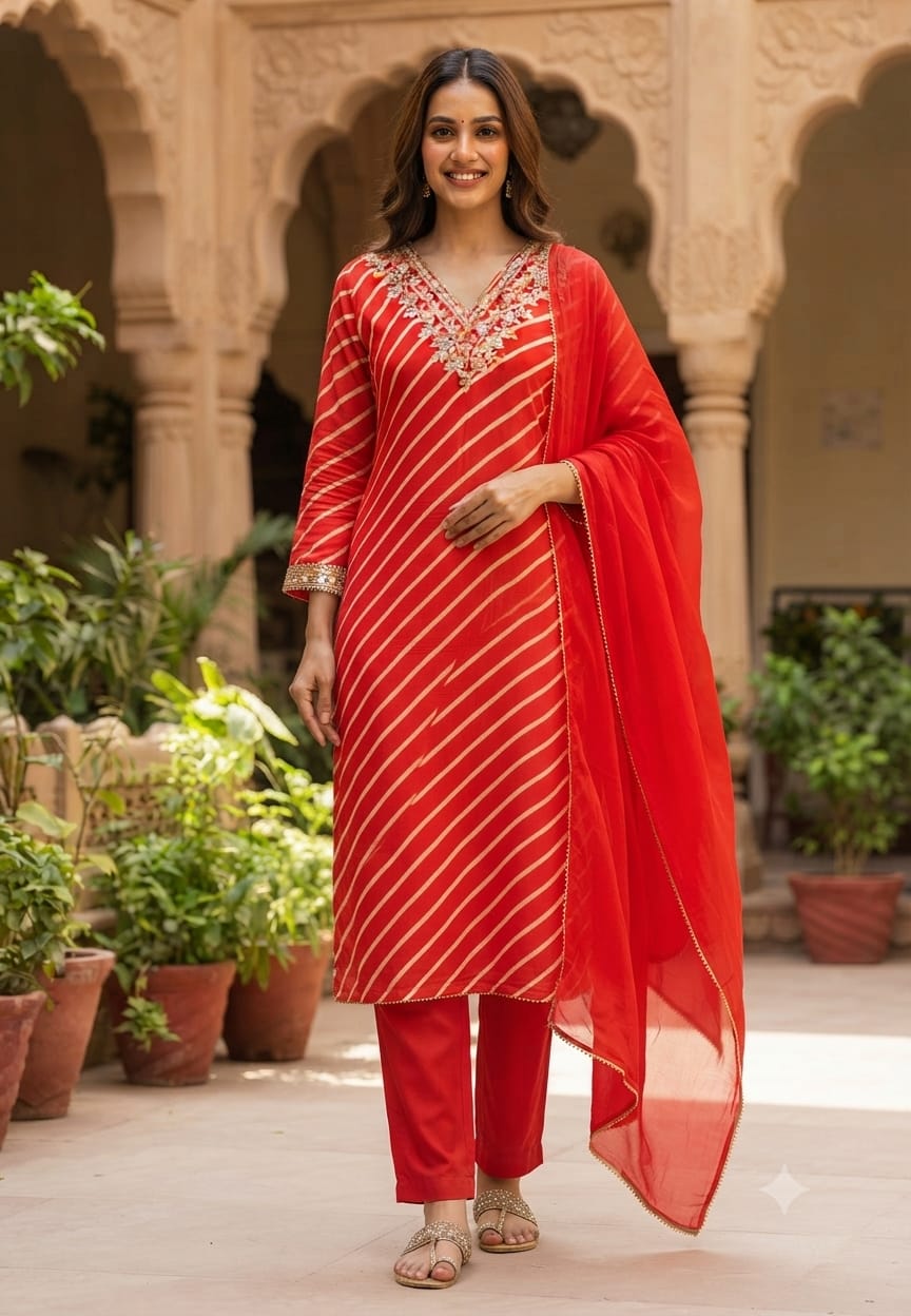 Festive Gotta Patti V-Neck Lehriya Full Suit Set With Dupatta In Chinon Fabric- 15607