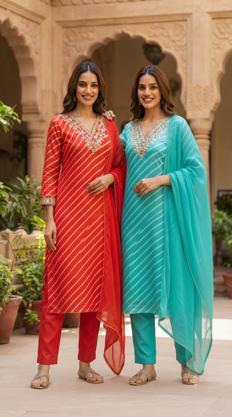 Festive Gotta Patti V-Neck Lehriya Full Suit Set With Dupatta In Chinon Fabric- 15607