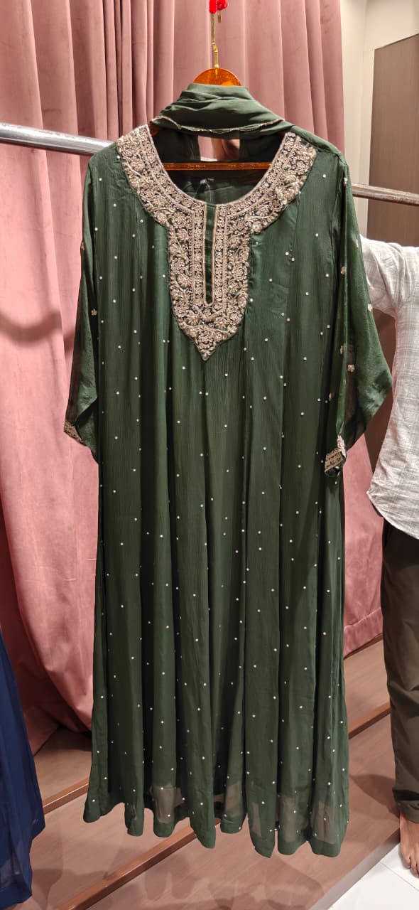 Heavy Embroidered Zardosi Front Neckline Chinon Anarkali Full Suit Set With Dupatta- 15503