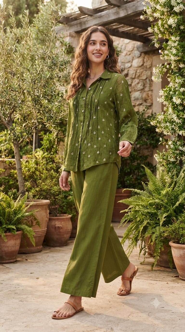Tiny Floral Intricate Embroidery Inner Style Co-Ord Set In Crush Mul-Chanderi Fabric- 15619