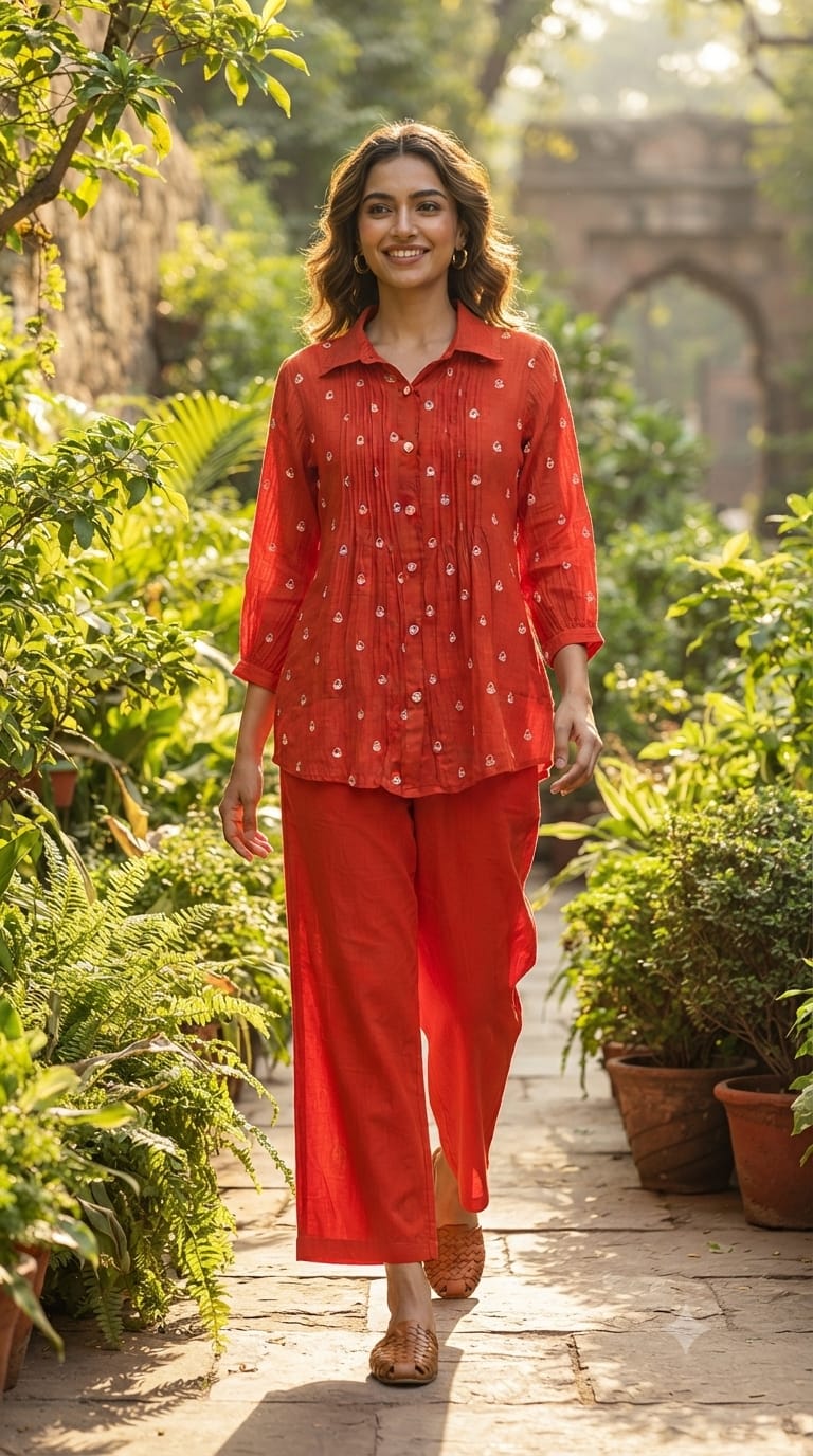 Tiny Floral Intricate Embroidery Inner Style Co-Ord Set In Crush Mul-Chanderi Fabric- 15619