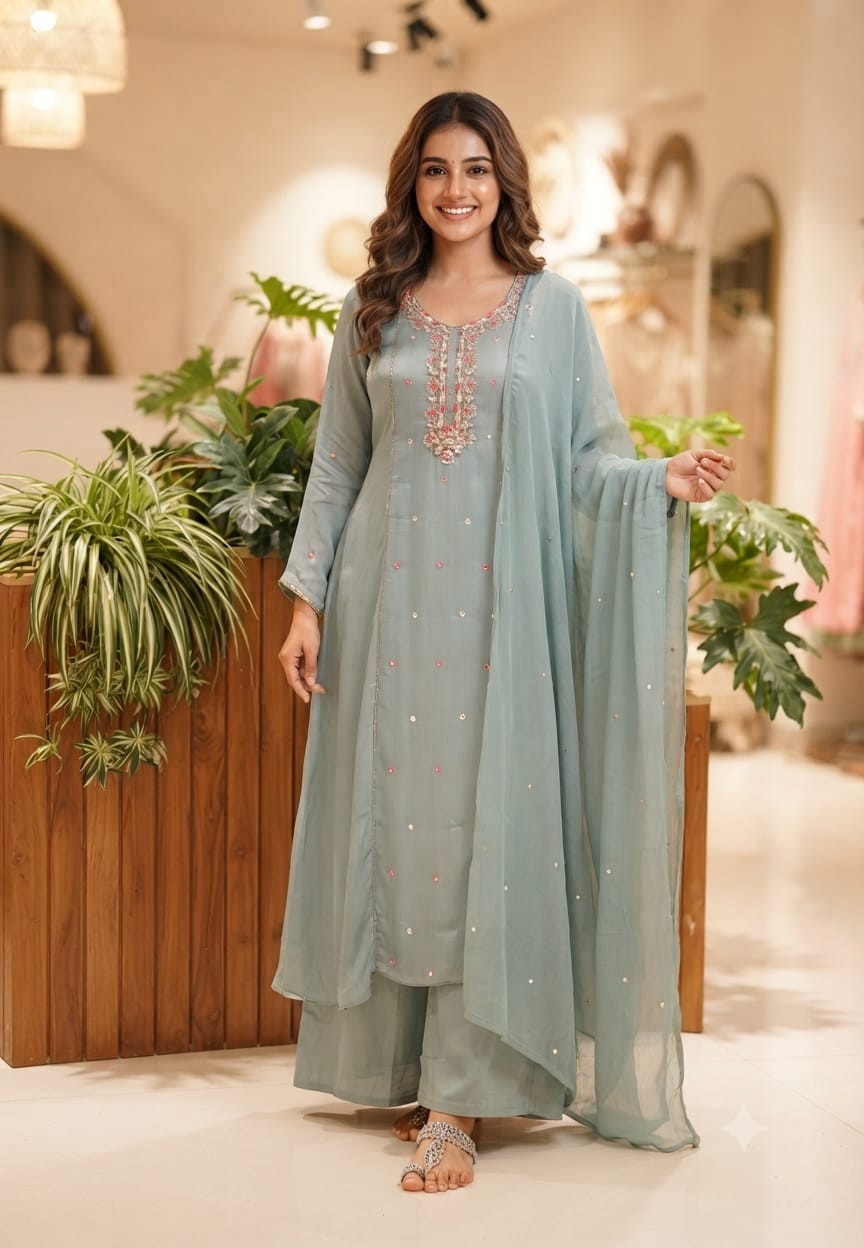 Premium Tiny Cut-Dana Embroidery Highlights Chinon A-Line Full Suit Set With Dupatta- 15615