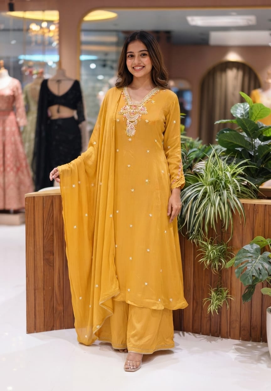 Turquoise Mustard Floral Hand-Embroidered Chinon Anarkali Full Suit Set With Dupatta- 15614