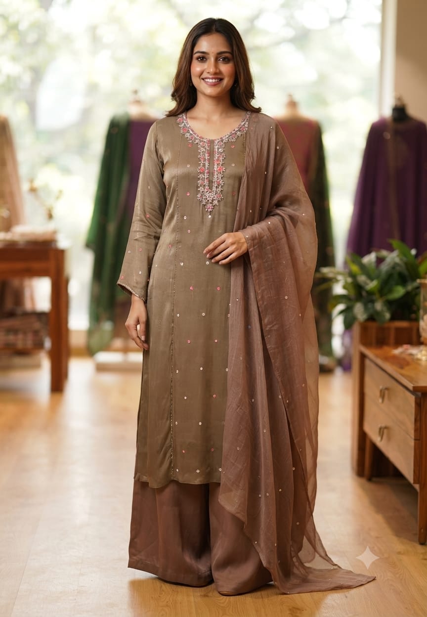 Premium Tiny Cut-Dana Embroidery Highlights Chinon A-Line Full Suit Set With Dupatta- 15615