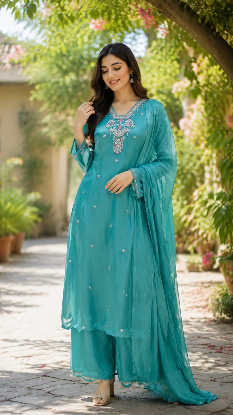 Turquoise Mustard Floral Hand-Embroidered Chinon Anarkali Full Suit Set With Dupatta- 15614