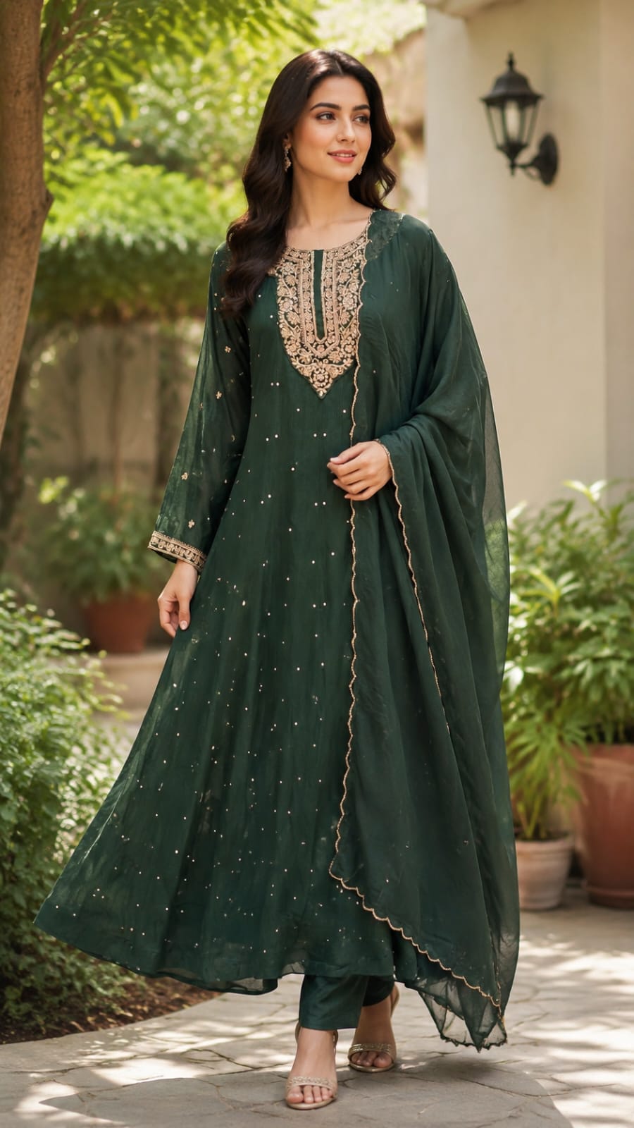 Heavy Embroidered Zardosi Front Neckline Chinon Anarkali Full Suit Set With Dupatta- 15503
