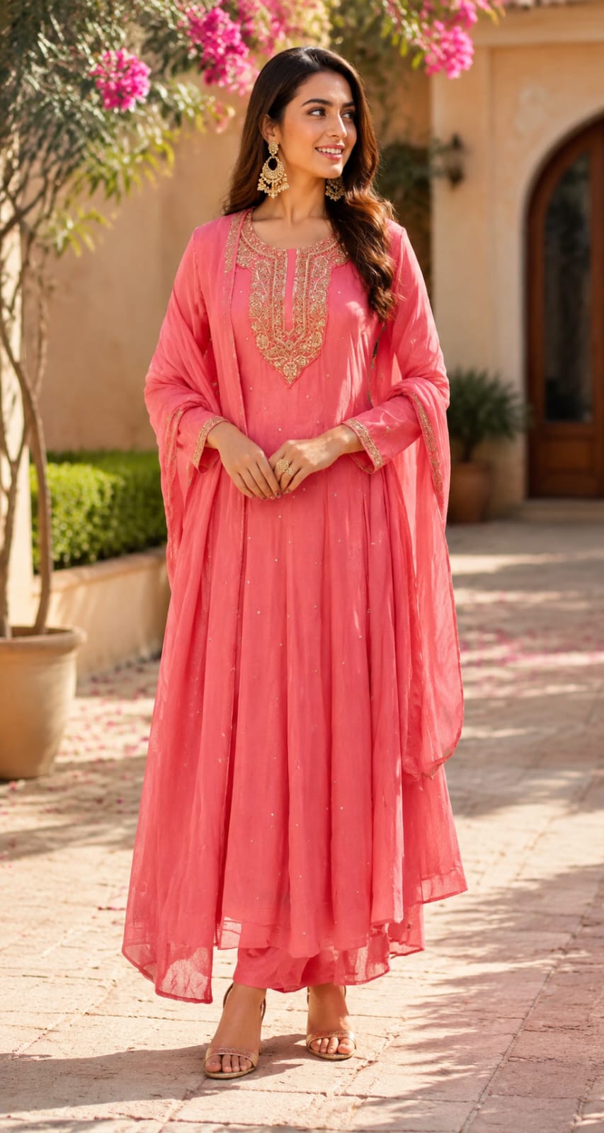 Heavy Embroidered Zardosi Front Neckline Chinon Anarkali Full Suit Set With Dupatta- 15503
