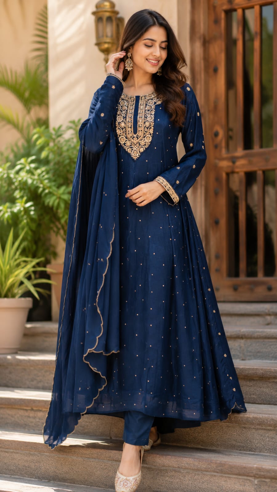 Heavy Embroidered Zardosi Front Neckline Chinon Anarkali Full Suit Set With Dupatta- 15503