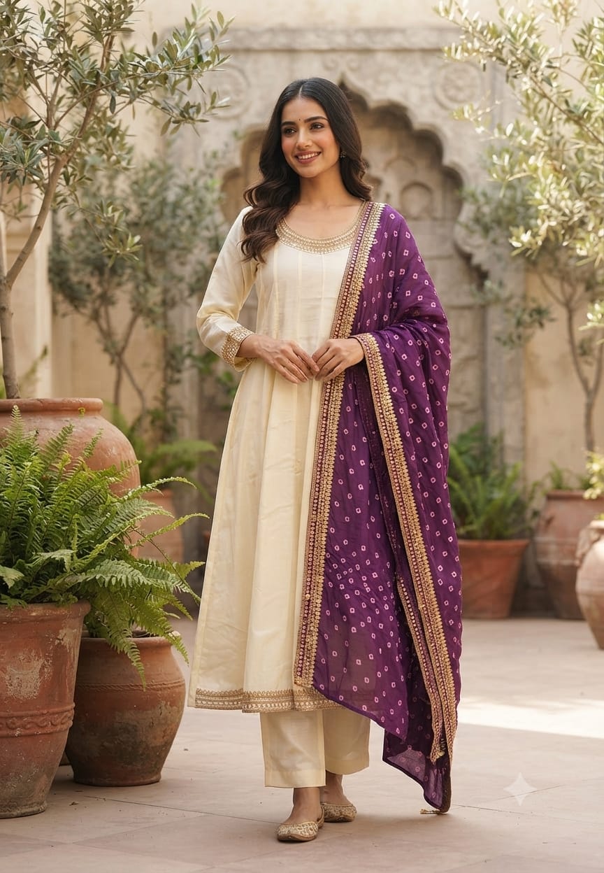 Very Decent Solid Panel Anarkali Full Suit Set With Bold Tone Dupatta- 15568