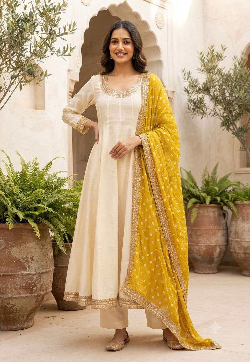 Very Decent Solid Panel Anarkali Full Suit Set With Bold Tone Dupatta- 15568