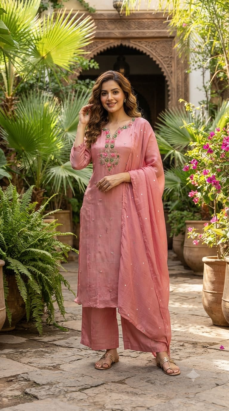 Dusty-Pink Cute Floral Highlights Embroidered Yoke Chinon A-Line Full Suit Set With Dupatta- 15500