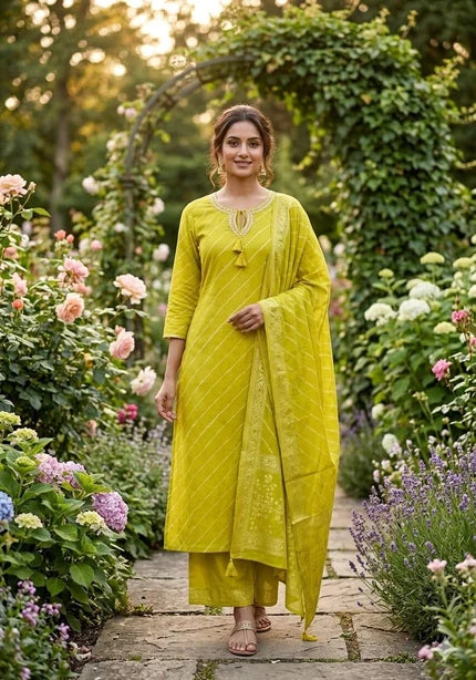 Traditional Leheriya Pattern Embellished V-Neck Ethnic Cotton Full Suit Set With Dupatta- 15561, 15560